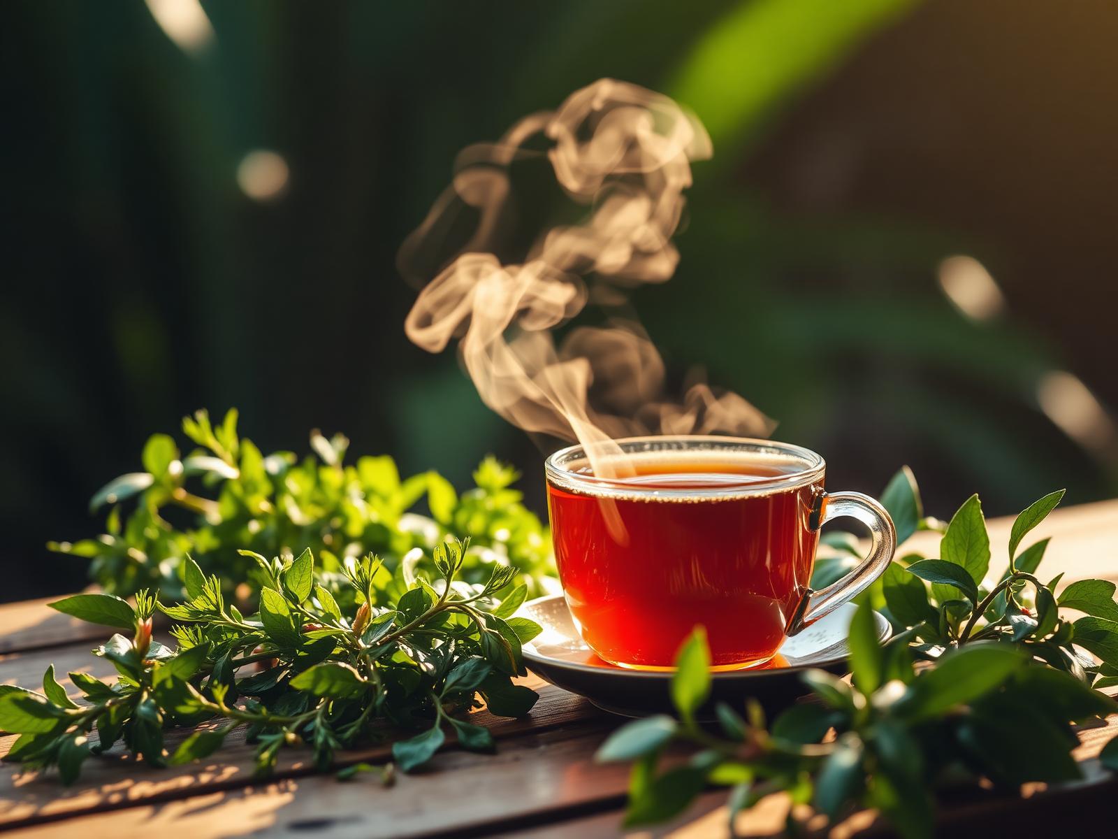 Steaming cup of herbal tea